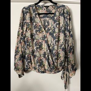 Lucky Brand Blue/Gray Floral Faux Wrap Top with Tie on Side